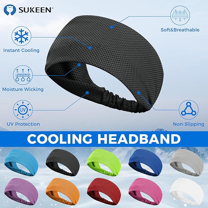 Sukeen Cooling Headband for Men Women, Instant Cooling Running Headband, Sweat Headbands for Workout, Sports Headbands for Yoga, Golf, Gym, Camping, Tennis, 20 inches