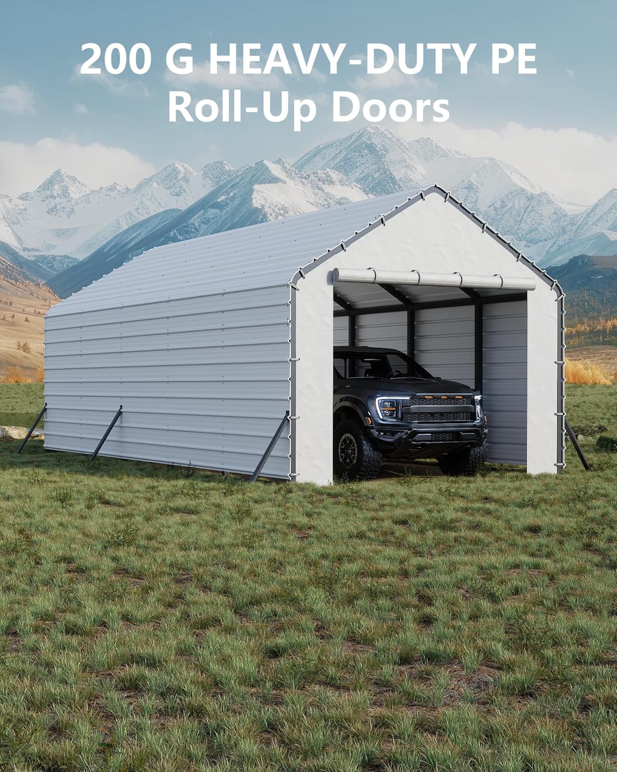 Door Panels with Zippers Tarp for Metal Carport 13x26 Ft, 13x21 Ft, and 13x16 Ft, 2 Pcs Door Panel with 32 Ball Bungees, White & Black