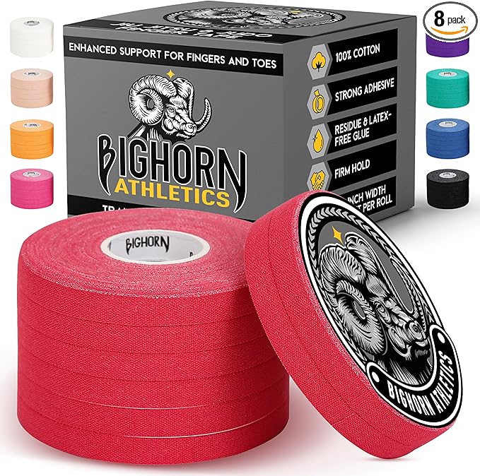 Bighorn Athletics Jiu Jitsu Finger Tape | Residue-Free Athletic Finger Tape for Sports & Injuries: Rock Climbing, Volleyball, Football, Basketball, Hands & Toes | 0.3-Inch x 45-feet, 8-Rolls, Red