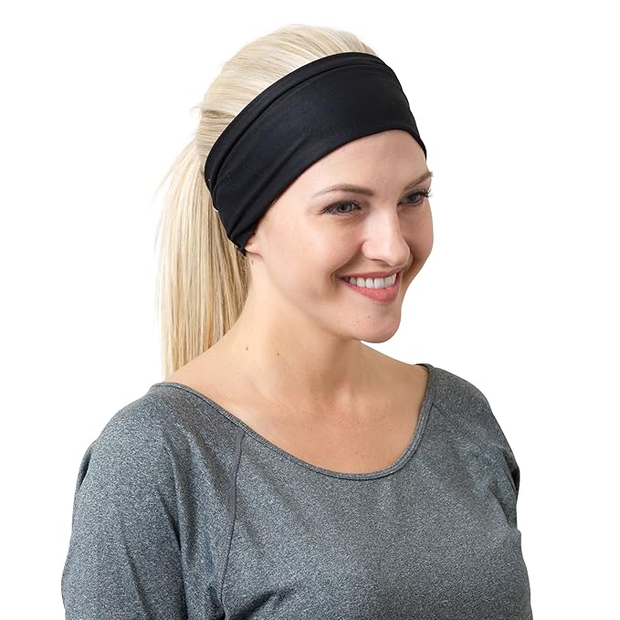 RiptGear Stretch Sport Headband for Women (Black Solid and Striped) — Non-Slip Sweat Wicking Fabric Great for Yoga, Running or The Gym — Soft Headband That Fits Most Head Sizes — (2-Pack)
