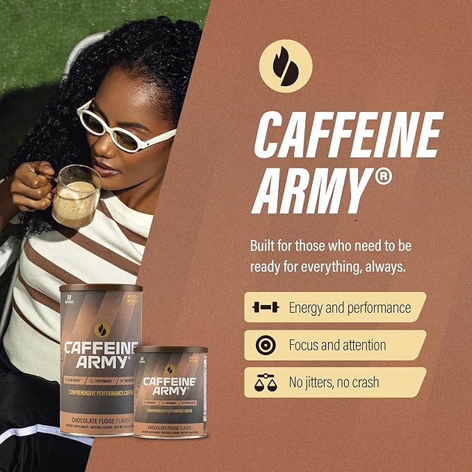 CAFFEINE ARMY Chocolate Fudge | Comprehensive Functional Coffee with MCTs, CoQ10, Collagen and Adaptogens: Clean Energy + Supports Daily Attention, No Jitters or Crash (13.4oz 38 Servings)