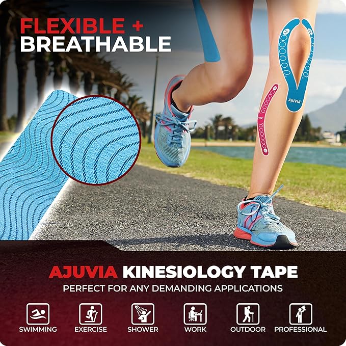 AJUVIA Synthetic Kinesiology Tape, Lasts up to 14 Days, Hypoallergenic Precut K Tape Elastic Bandages for Muscle Pain Relief and Joint Support - 10" x 2" (1 Envelope, 3 Colors, 6 Pieces)