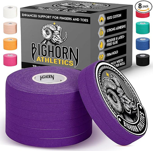 Bighorn Athletics Jiu Jitsu Finger Tape | Residue-Free Athletic Finger Tape for Sports & Injuries: Rock Climbing, Volleyball, Football, Basketball, Hands & Toes | 0.3-Inch x 45-feet, 8-Rolls, Purple