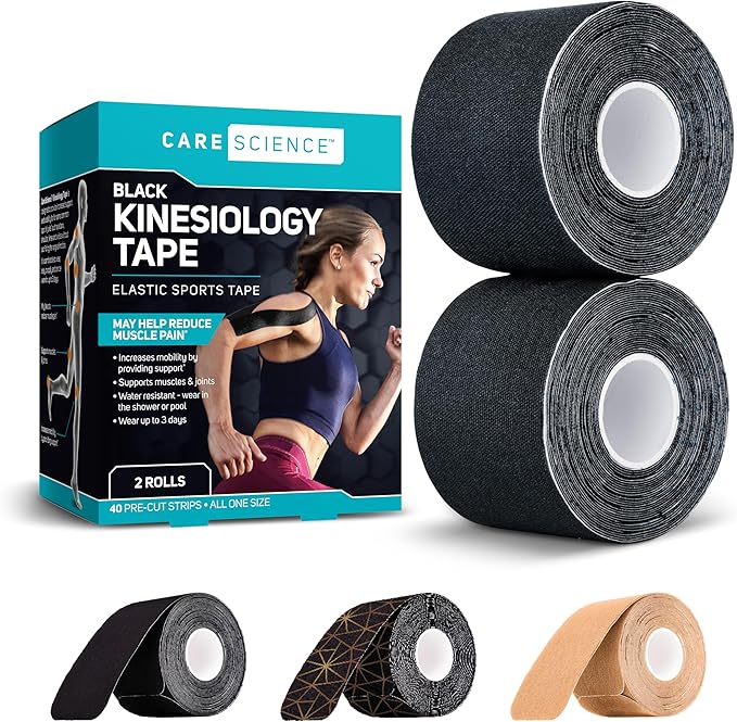 Care Science Waterproof Kinesiology Tape, 40 ct Precut Strips (2 Rolls), Black | Elastic Sports & Weightlifting Tape Supports Muscles & Joints. Water Resistant