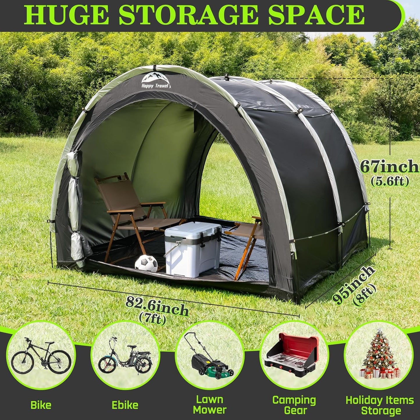 Happy Travel Bike Storage Tent Shed, Outdoor Waterproof Bicycle Covers Shelter with Window for 2/3/4/6/8 Bikes,Oversized Outside Portable Sheds for Lawn Mower,Garden Tools
