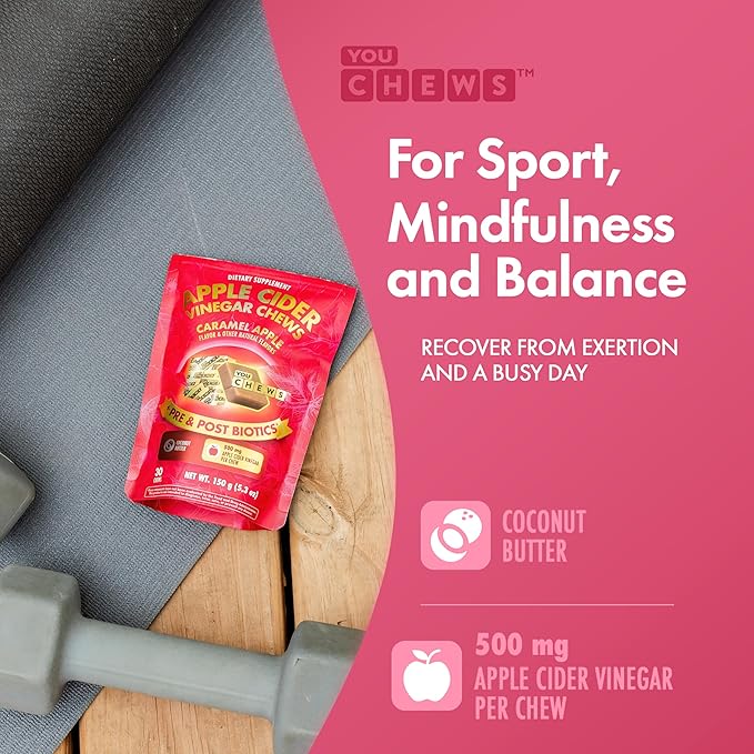 Apple Cider Vinegar Chews Better Than Apple Cider Gummies - Bloating Relief for Women and Men, 500mg Organic ACV with Prebiotics & Postbiotics, Low Sugar, Caramel Flavor, 30 Count