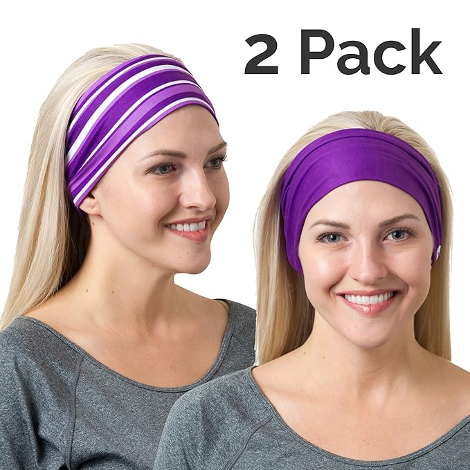 RiptGear Stretch Sport Headband for Women (Purple Solid and Striped) — Non-Slip Sweat Wicking Fabric Great for Yoga, Running or The Gym — Soft Headband Fits Most Head Sizes — (2-Pack)