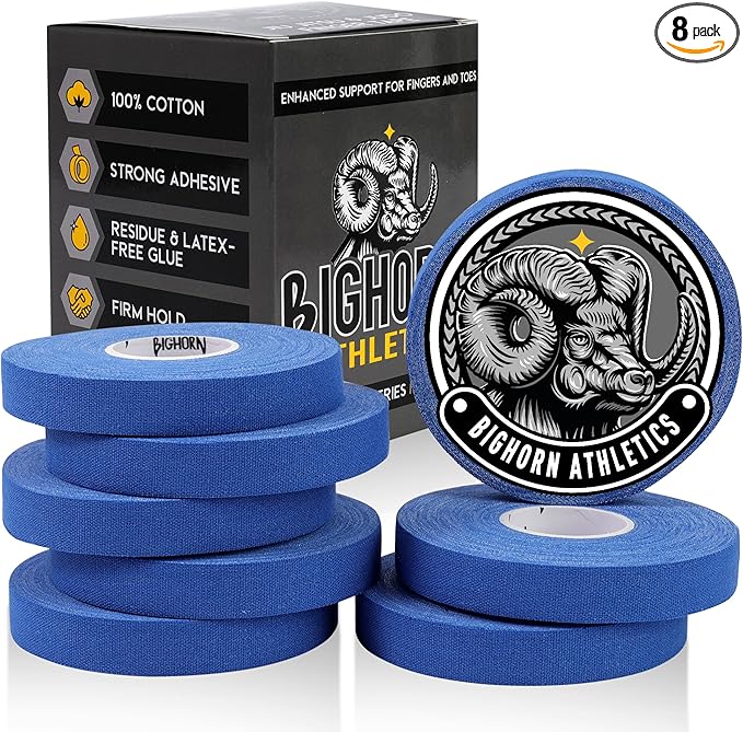 Bighorn Athletics Jiu Jitsu Finger Tape, Rock Climbing Tape | Multipurpose for Sports & Injuries: MMA, Volleyball, Football, Basketball, Tennis, Golf, Hands & Toes, 0.5-Inch x 45-feet, 8-Rolls, Blue