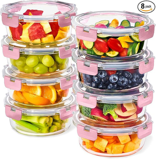 Sorbus 16pc Glass Meal Prep Containers Set – 8 Round 32oz Containers with Airtight Lids – Freezer, Dishwasher, Oven Safe – Reusable Food Storage Bowls, 4 Cup Capacity for Meal Prep and Storage, Pink