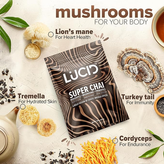 Lucid Superfood Organic Mushroom Chai with Nootropics - Lion's Mane, Tremella, Cordyceps & Turkey Tail - Instant Mushroom Chai Focus Brain Health - Alpha GPC, L-Theanine, Ginko Biloba - USA Made