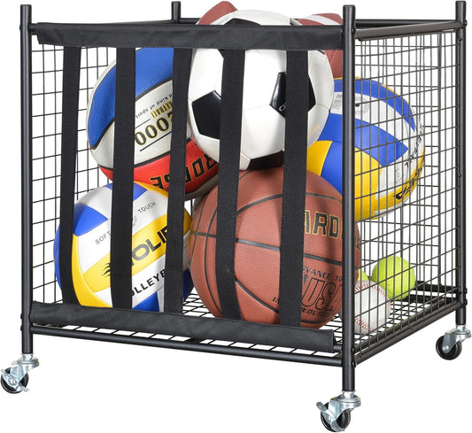 Snail Garage Sports Equipment Storage Organizer Sports Ball Storage Rolling Cart with Basket and Hooks Lockable Sports Ball Cage Storage Rack for Garages, Playgroup, Gym and Schools, Black