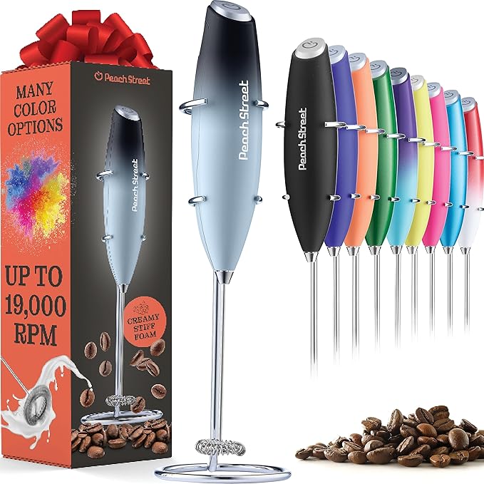 Powerful Handheld Milk Frother, Mini Milk Foamer, Battery Operated (Not included) Stainless Steel Drink Mixer with Frother Stand (Dark Sky)