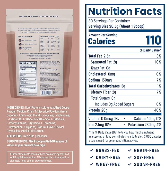 NativePath Complete Beef Protein Powder Isolate – Grass-Fed, Pasture-Raised, Dairy & Lactose Free, Gluten Free, Zero Sugar, MCTs & Amino Acids – 20g Protein, Chocolate Flavor, 30 Servings