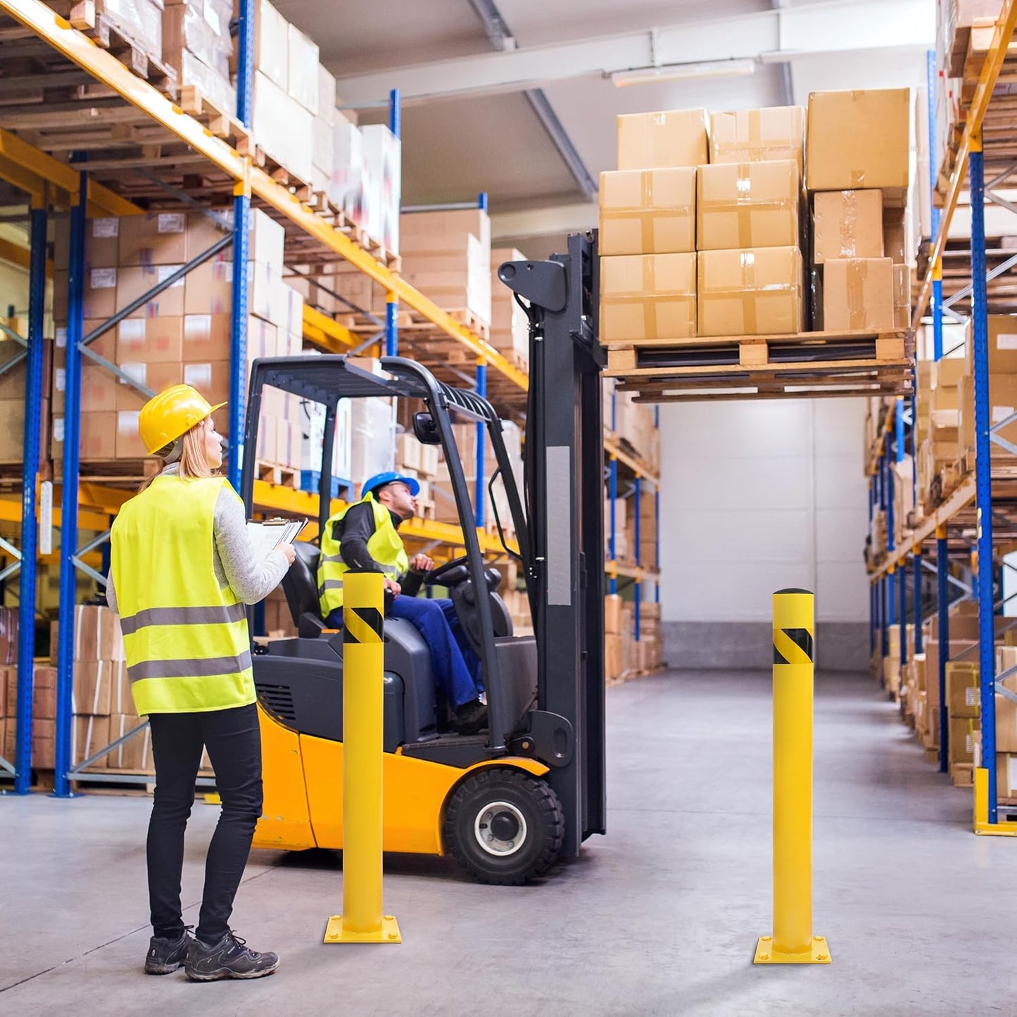 BISupply Safety Bollard Post Parking Barrier 2 Pack - 42in Yellow Pipe Bolt Down Bollard for Garage Lot