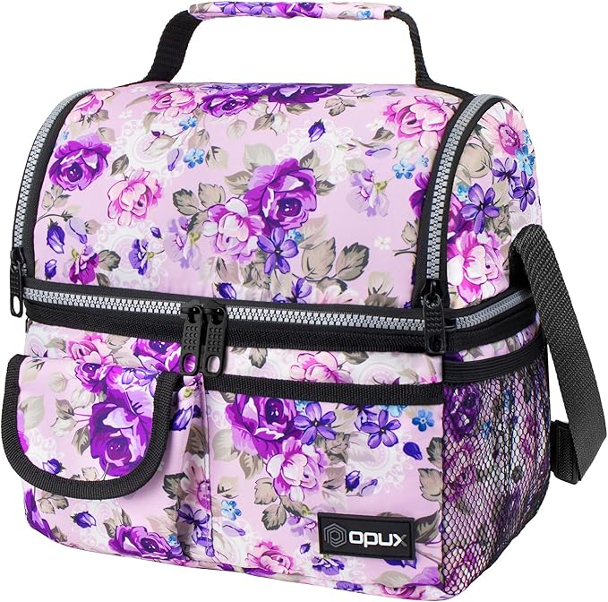 opux Lunch Bag Women Insulated, Adult Lunch Box Cooler, Flower Lunch Box, Dual Compartment Lunchbox for Work, Leakproof Double Decker Lunch Bag, Soft Lunch Pail Tote Girls Kids School, Floral Purple