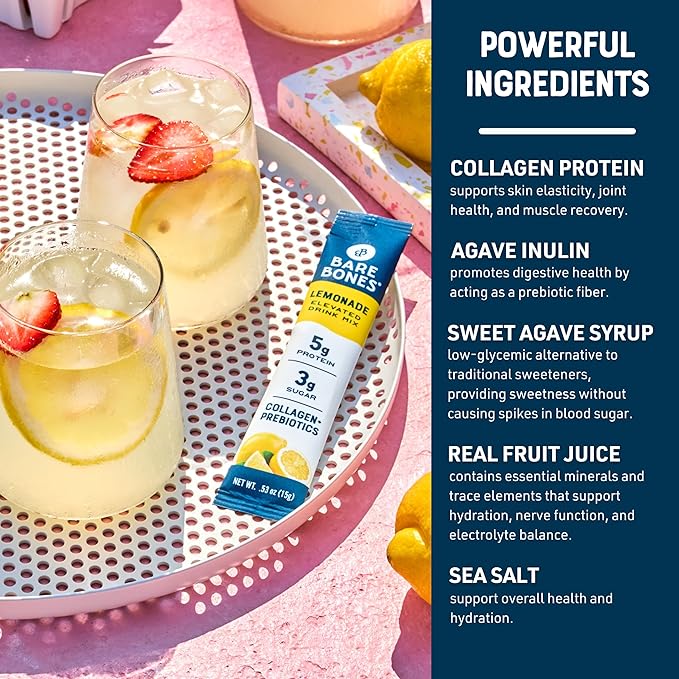 Bare Bones Lemonade Elevated Drink Mix | Light & Flavorful | Gluten-Free & Naturally Sweetened | On-the-Go Stick Single-Serve Packs Powdered Refreshment | 5g Protein | 16 Packets (.60 oz)