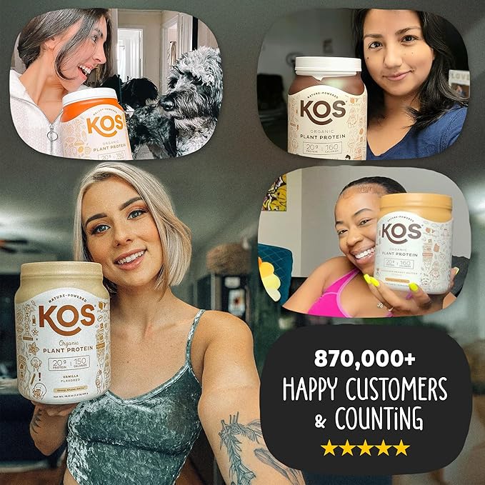 KOS Vegan Protein Powder Erythritol Free, Vanilla - USDA Organic Pea Protein Blend, Plant Based Superfood Rich in Vitamins & Minerals - Keto, Dairy Free - Meal Replacement for Women & Men, 15 Servings