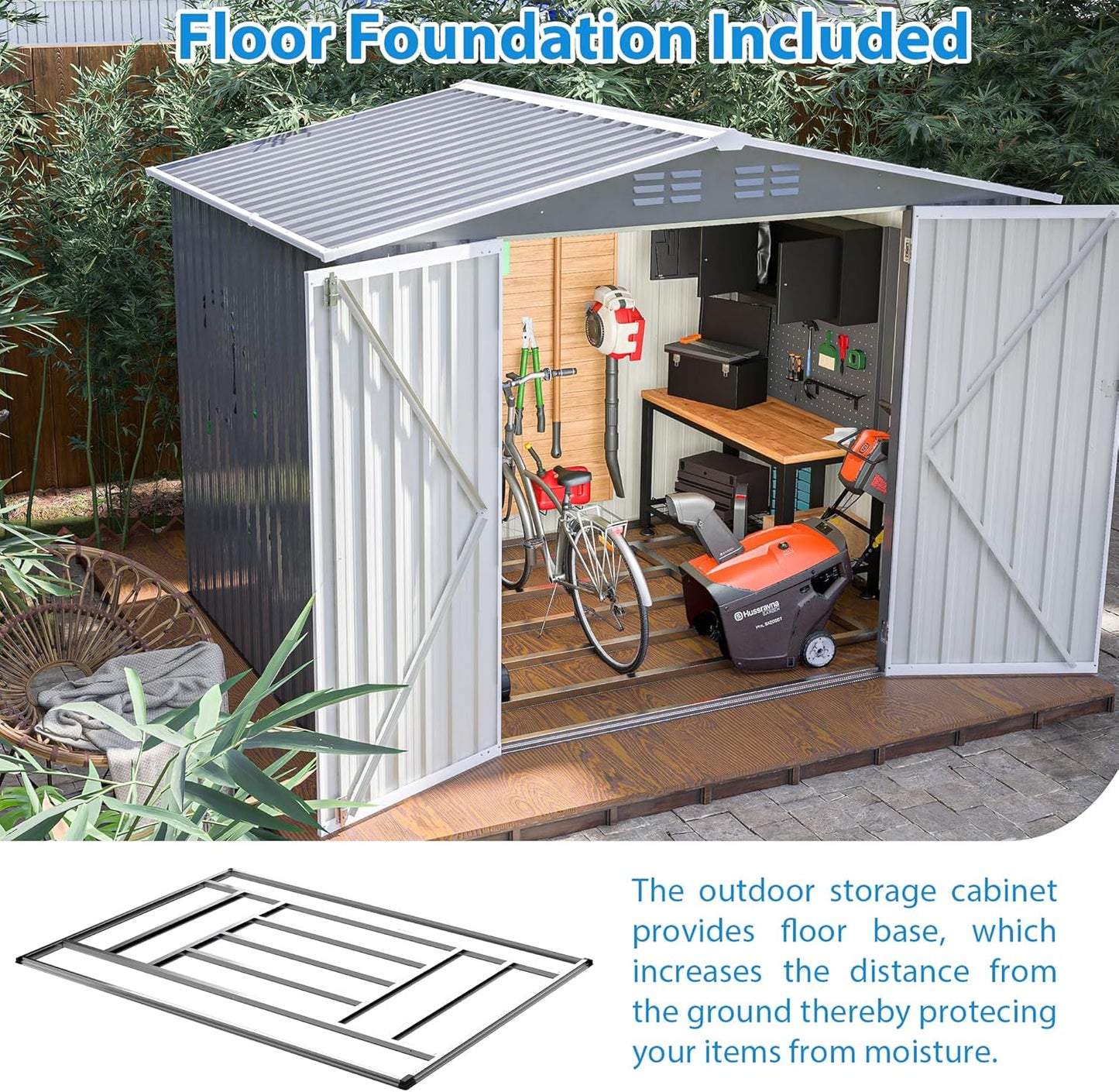 8x6 FT Outdoor Tool Storage Shed with Metal Foundation & Lockable Doors, All Weather Metal Sheds for Garden, Patio, Backyard, Lawn,