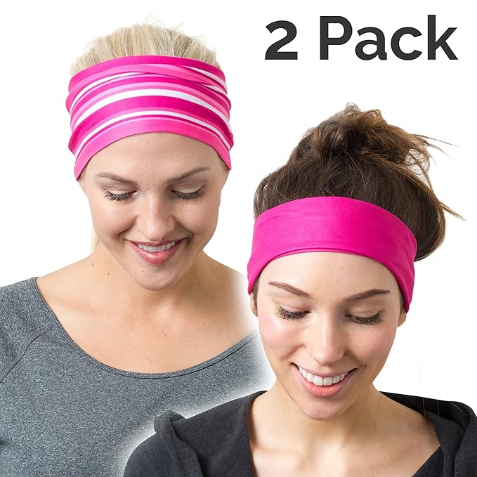 RiptGear Stretch Sport Headband for Women (Pink Solid and Striped) — Non-Slip Sweat Wicking Fabric Great for Yoga, Running or The Gym — Soft Headband That Fits Most Head Sizes — (2-Pack)