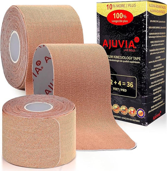 AJUVIA Synthetic Kinesiology Tape, 2 Uncut Rolls, 10% Bonus Pack, Lasts up to 14 Days, Hypoallergenic and Waterproof K Tape for Muscle Pain Relief and Joint Support