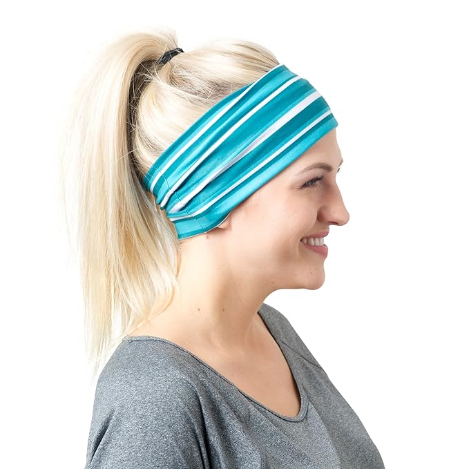 RiptGear Stretch Sport Headband for Women (Teal Solid and Striped) — Non-Slip Sweat Wicking Fabric Great for Yoga, Running or the Gym — Soft Headband that Fits Most Head Sizes — (2-Pack)