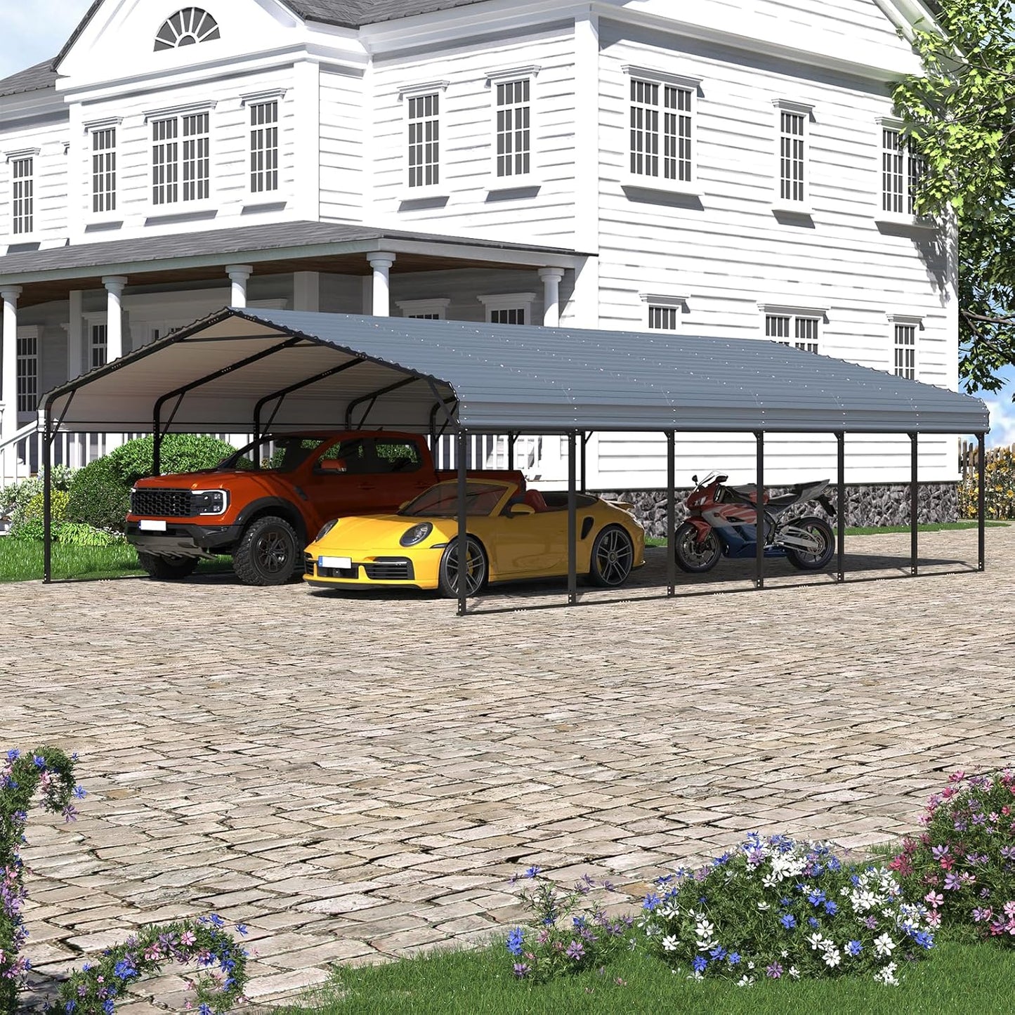 EROMMY 20x30 FT Metal Carport, Heavy Duty Carports with Galvanized Steel Roof and Frame, Sturdy Car Shed in All Weathers, Easy Assembly Car-Shelter for 2 Cars, SUV, Tractors and Boat, Gray