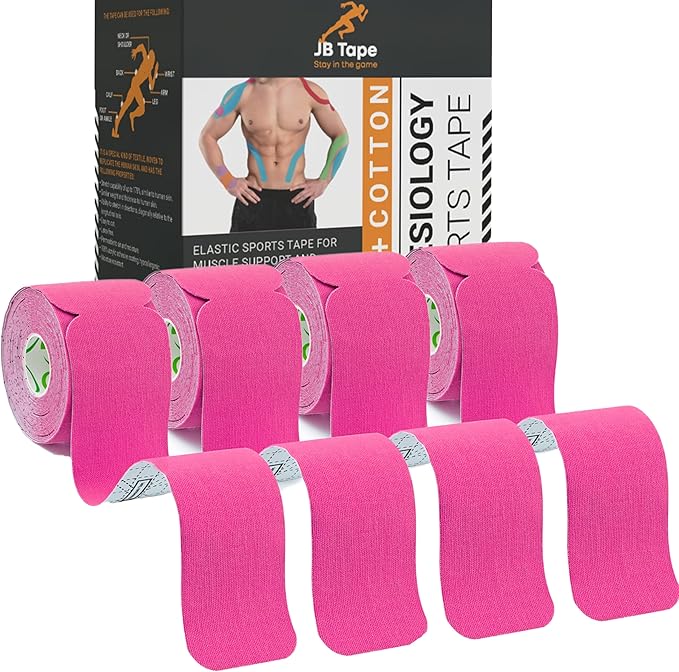 JB Tape, Precut Kinesiology Strips 4 Rolls- (80 Count, 10") Elastic, Latex-Free, Water Resistant, Athletic Sports Tape for Body, Joint & Muscle Support. (Pink)