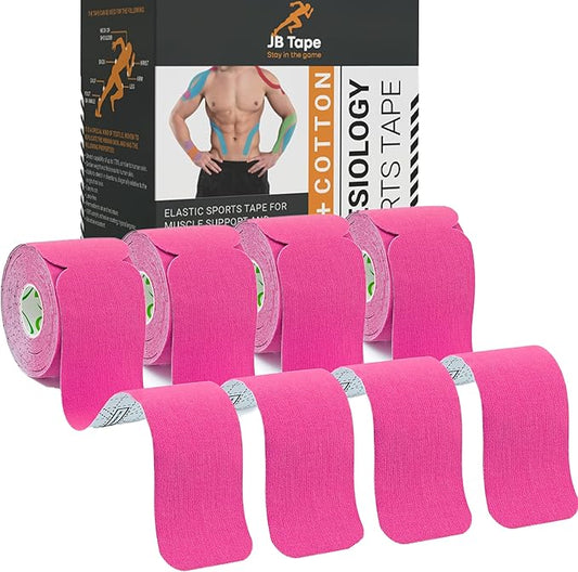 JB Tape, Precut Kinesiology Strips 4 Rolls- (80 Count, 10") Elastic, Latex-Free, Water Resistant, Athletic Sports Tape for Body, Joint & Muscle Support. (Pink)