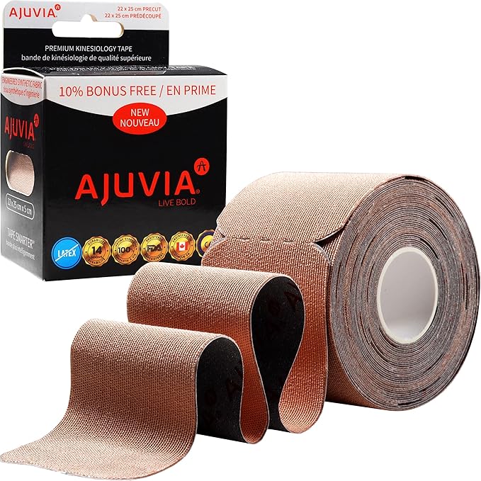 AJUVIA Synthetic Kinesiology Tape, 1 Roll, 10% Bonus, 20 + 2 Precut Strips, Lasts up to 14 Days, Hypoallergenic and Waterproof K Tape for Muscle Pain Relief and Joint Support