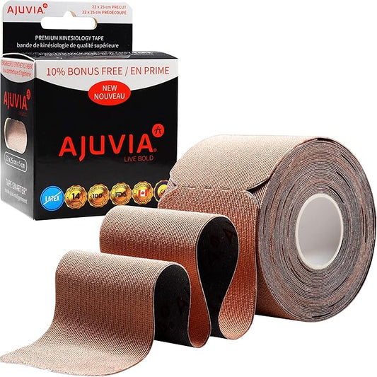 AJUVIA Synthetic Kinesiology Tape, 1 Roll, 10% Bonus, 20 + 2 Precut Strips, Lasts up to 14 Days, Hypoallergenic and Waterproof K Tape for Muscle Pain Relief and Joint Support