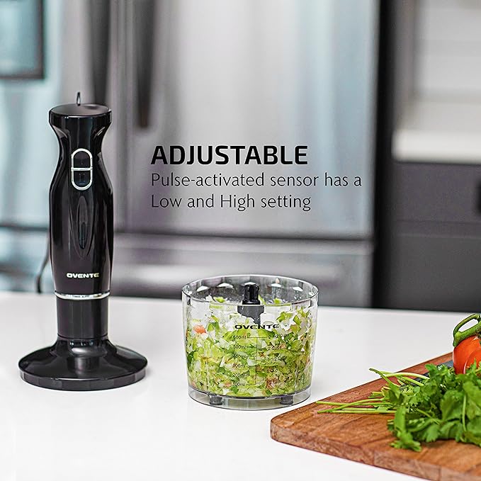 OVENTE Immersion Hand Blender, 300W Electric Handheld Portable Stick Mixer Set with 2 Mixing Speed, Stainless Steel Blades, Egg Whisk Attachment, Mixing Beaker and BPA-Free Food Chopper, Black HS565B