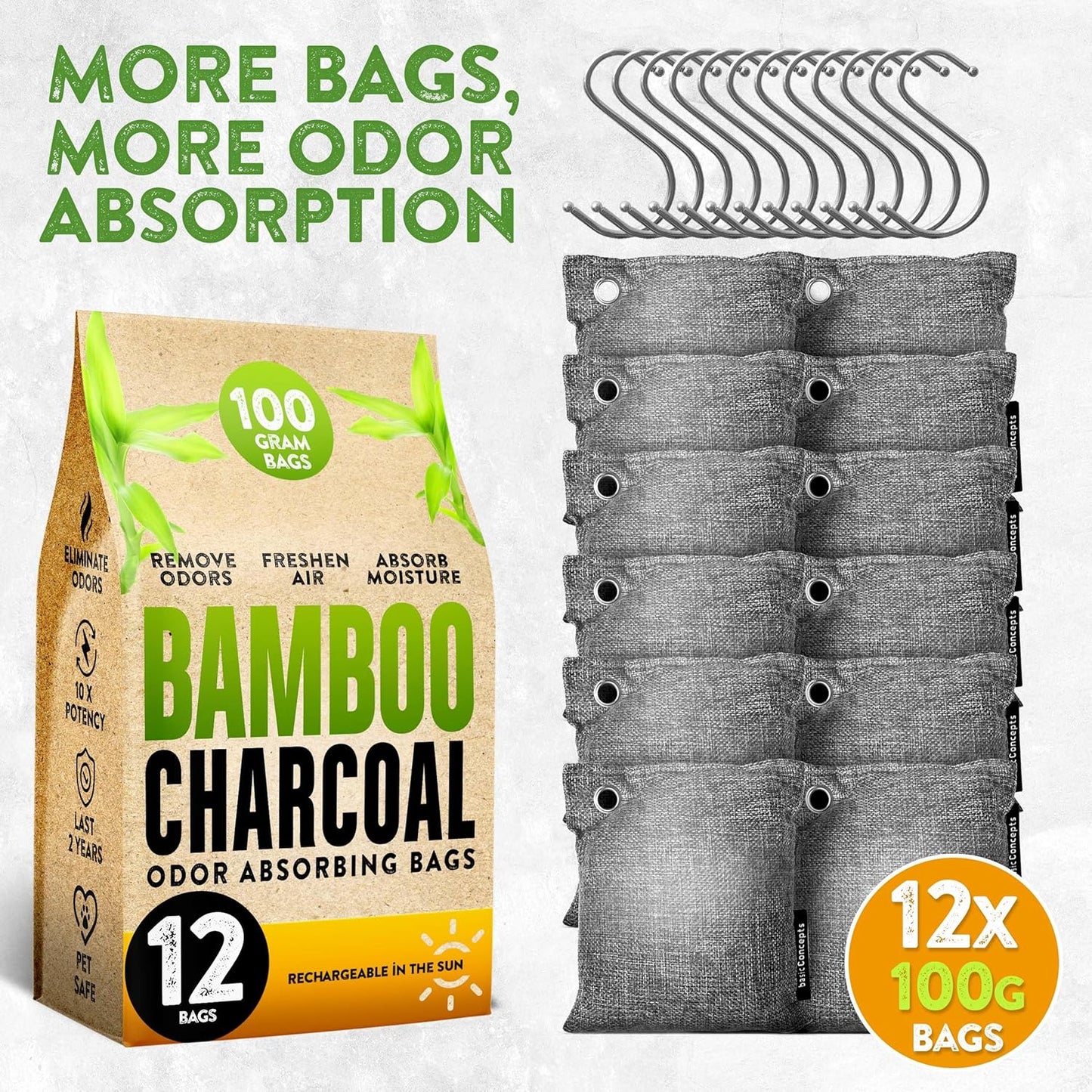 Charcoal Odor Absorber for Strong Odor (6 Pack, 100g each), Bamboo Charcoal Air Purifying Bag, Basement Musty Odor Eliminator Deodorizer, Activated Charcoal Odor Absorber for Closet, Shoe, Car