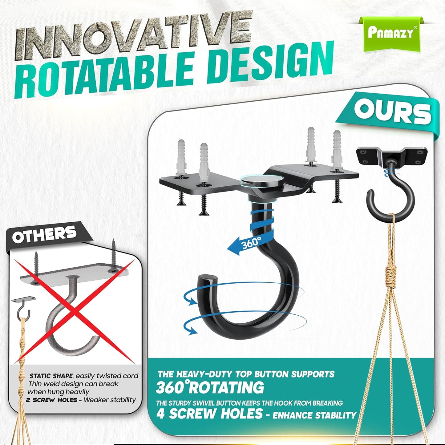 [Upgraded] 8Pcs 200LBS Rotatable Ceiling Hooks with 4 Screw Points Plate Base, Black Wall Mount Metal Hanger for Hanging Plants, Bird Feeders, Lanterns, Lights, Wind Chimes, Indoor Outdoor Decor