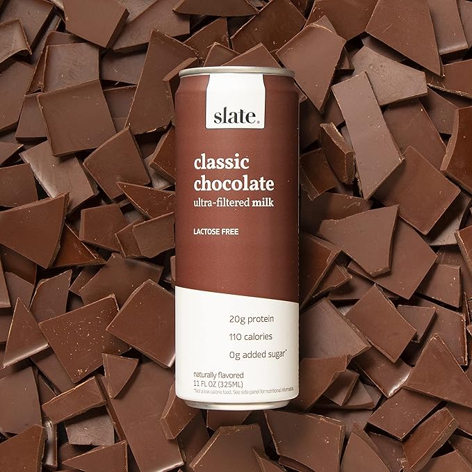 Slate Milk - High Protein Milk Shake - Classic Chocolate - Lactose Free, 20g Protein, 1g Sugar, 100 Calories, 2g Net Carbs, No Added Sugar - Natural, Breakfast Boost, Post Workout - 11 fl oz, 48 Cans