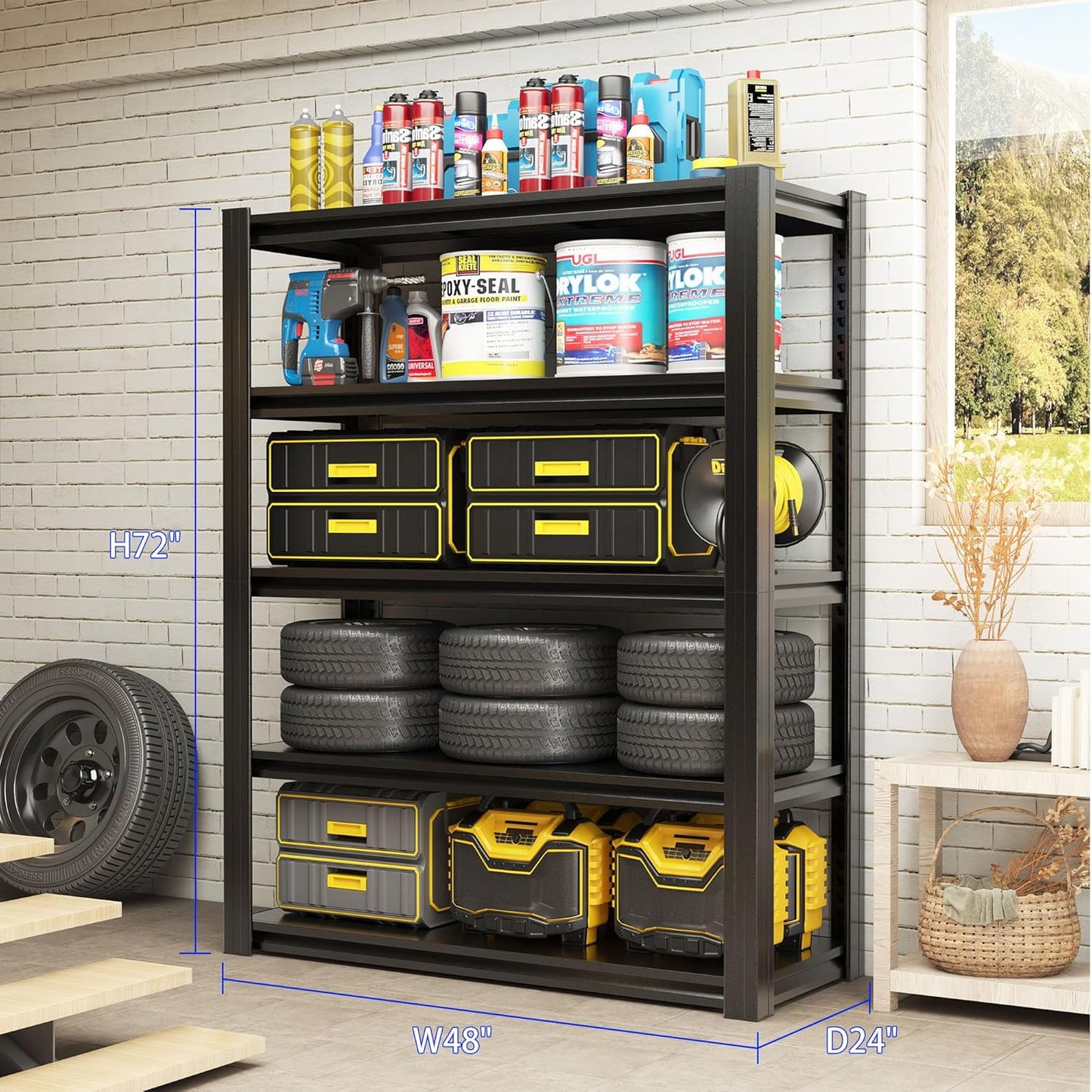 72" H Metal Storage Shelving, 3000LBS Heavy Duty Shelves Unit, Adjustable 5 Tier Storage Rack, Industrial Utility Shelf for Garage, Warehouse, Bedroom, Kitchen,24" D×48“W×72”H, Black