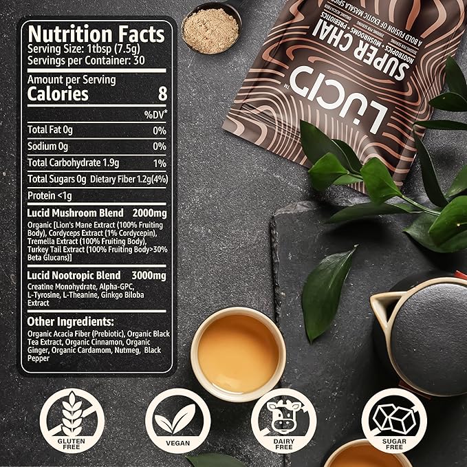 Lucid Superfood Organic Mushroom Chai with Nootropics - Lion's Mane, Tremella, Cordyceps & Turkey Tail - Instant Mushroom Chai Focus Brain Health - Alpha GPC, L-Theanine, Ginko Biloba - USA Made