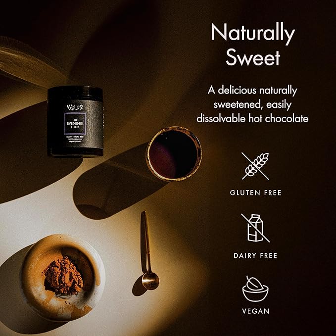 WelleCo The Evening Elixir Skin Care Vitamin C Hot Chocolate Beauty Drink Mix with Niacin, Lemon Balm, and Magnesium for Sleep, Collagen Formation, Gluten Free, Vegan, Dairy Free, 150g (5.3oz) Jar