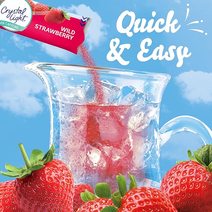 Crystal Light Wild Strawberry Artificially Flavored Powdered Drink Mix with Caffeine, 120 ct Pack, 12 Boxes of 10 On-the-Go-Packets
