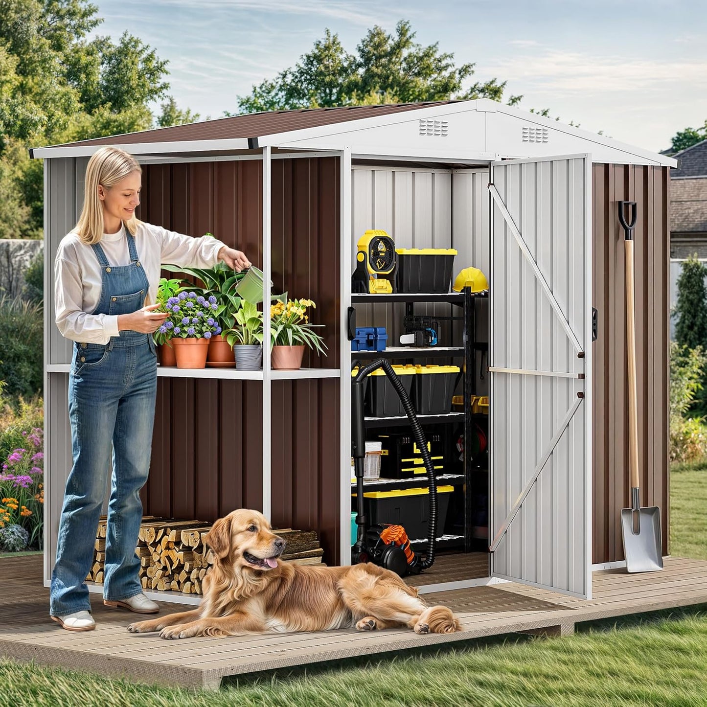 DWVO 8 x 4 ft Outdoor Storage Shed with 2-Tier Shelf, Metal Tool Shed & Garden Storage Cabinet for Backyard, Patio, Equipment & Bike, Brown