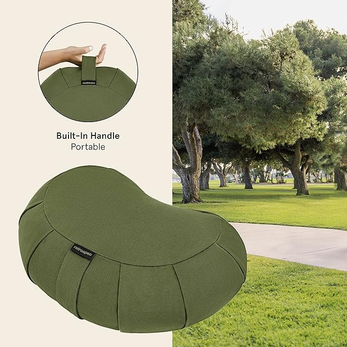 Retrospec Sedona Zafu Meditation Cushion With Buckwheat Hull Fill - Adjustable Yoga & Pilates Support Pillow - 17in Crescent Cotton Cover With Handle