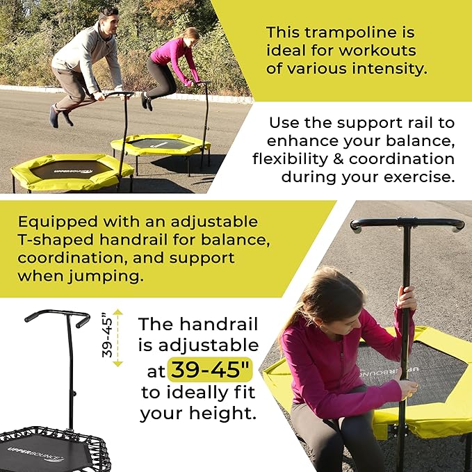 Upper Bounce Mini Workout Trampoline with Adjustable T-Shaped Handrail – Hexagonal Rebounder Trampoline for Kids & Adults – Fitness & Recreational Trampolines, Supports up to 220 lbs.