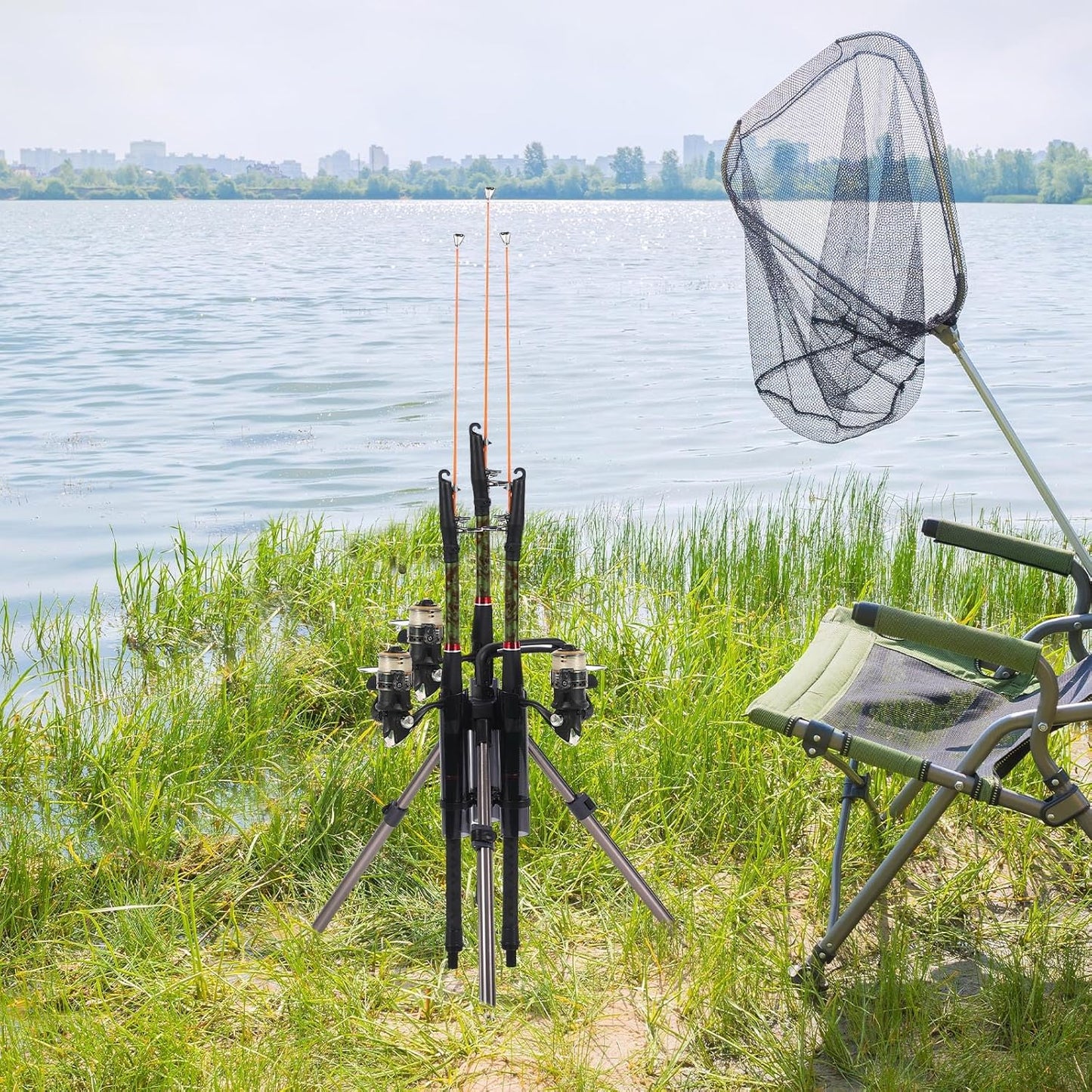 Gisafai Fishing Rod Carrier Foldable Pole Holder Stand 3 Rod Portable Surf Fishing Holder Vertical Beach Pole Storage Freestanding Rack for Garage, Home, Outdoor