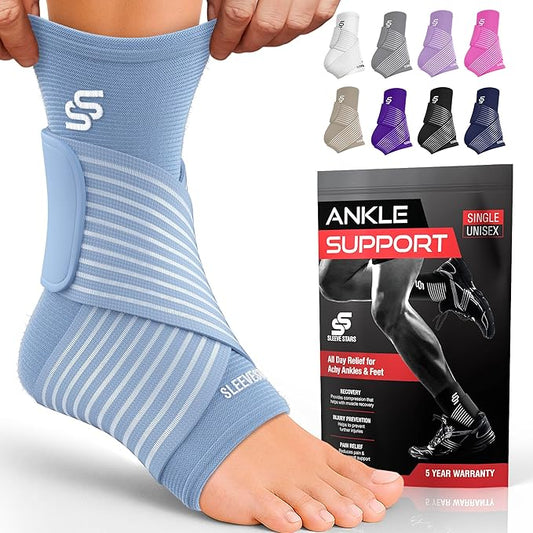 Sleeve Stars Ankle Brace for Women & Men, Ankle Wrap for Sprain, Compression Sleeve for Plantar Fasciitis Relief, Easy Customizable Support: w/ Removable Strap (Single/M:10"-12"/Light Blue)