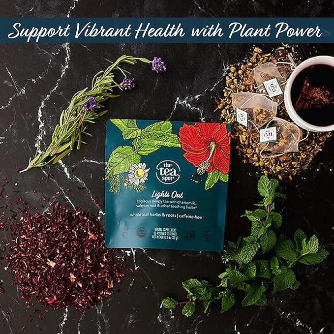 The Tea Spot Organic Lights Out Tea with Valerian Root Relaxation | Blend of Hibiscus, Peppermint, Chamomile, Lavender, Licorice Root & Valerian Root | Caffeine-Free 15 Tea Bags, Pack of 1
