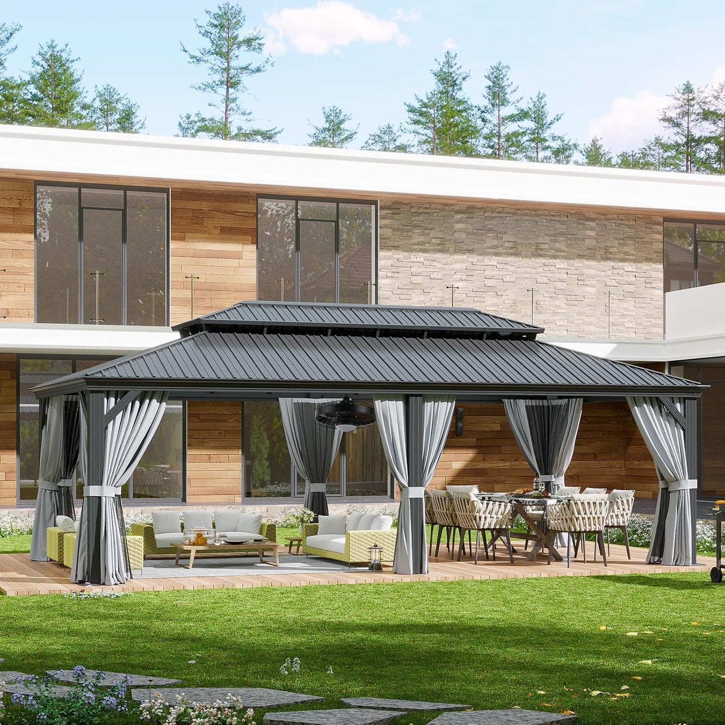 Aoxun 12' X 24' Hardtop Gazebo with Drainage System, Aluminum Outdoor Gazebo with Galvanized Steel Double Roof, Patio Permanent Metal Pavilion with 20 inch Ceiling Fan, for Garden, Deck, Grey