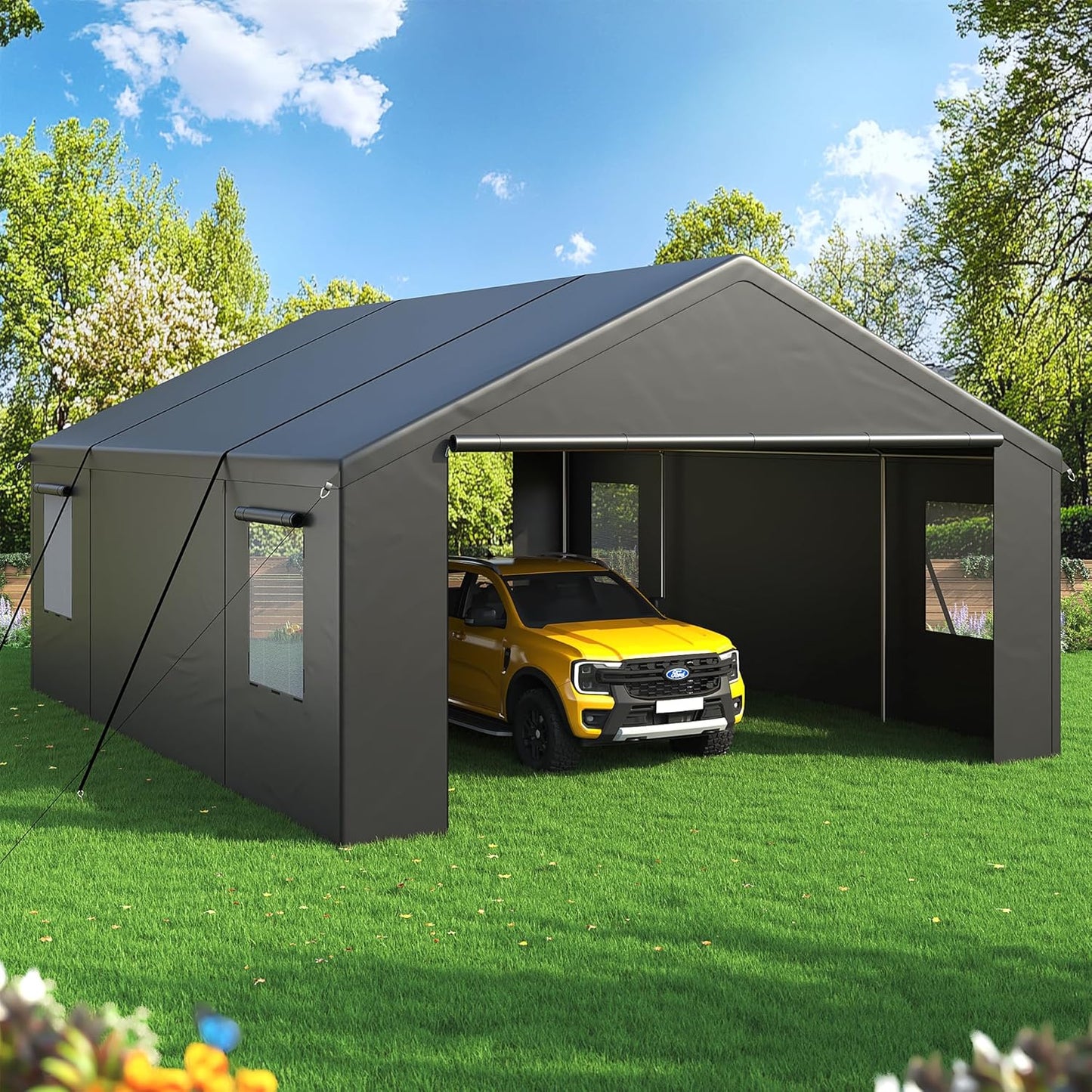 Carport, Heavy Duty Car Port 20x20 FT, Large Car Canopy with Roll-Up Windows & Side-Opening Door, Outdoor Portable Garage Reinforced Four-Hole Base for Car, Truck, Boat, Motorcycle