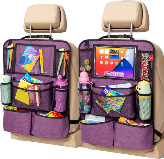 Helteko Backseat Car Organizer, Kick Mats Back Seat Protector with Touch Screen Tablet Holder, Back Seat Organizer for Kids with 9 Storage Pockets, Travel Accessories (2 Pack, Violet)