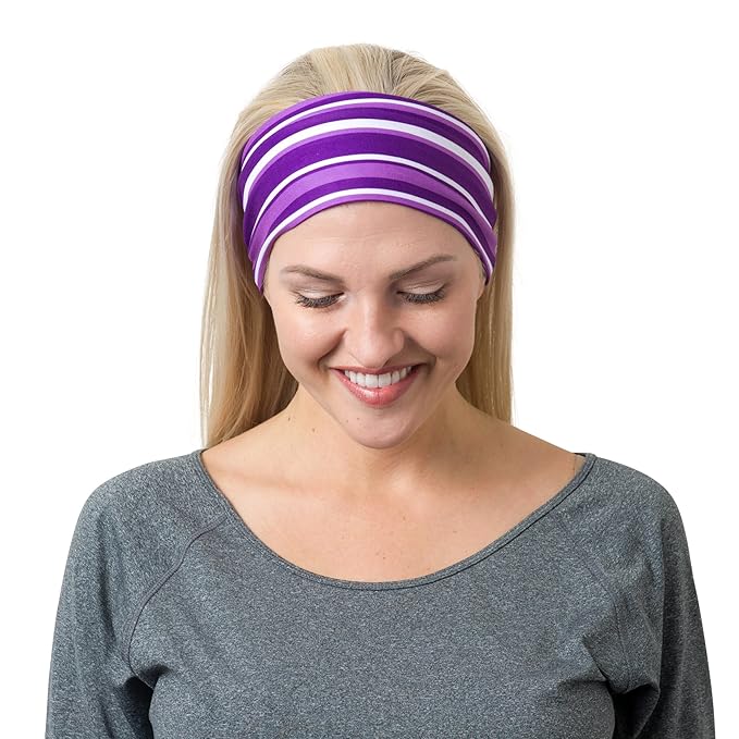 RiptGear Stretch Sport Headband for Women (Purple Solid and Striped) — Non-Slip Sweat Wicking Fabric Great for Yoga, Running or The Gym — Soft Headband Fits Most Head Sizes — (2-Pack)