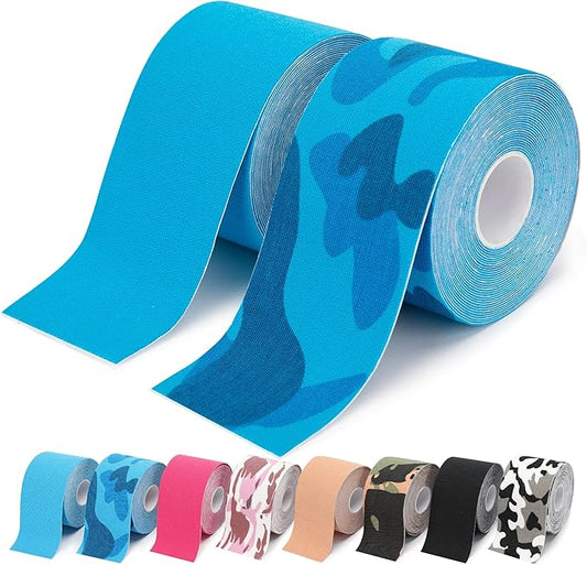 2 Rolls Kinesiology Tape, Waterproof Kinetic Tape 1.97 in x 16.4 ft, Uncut Cotton Elastic Athletic Strips for Knee, Shoulder, Ankle, Muscle Support (Blue and Blue Camouflage)