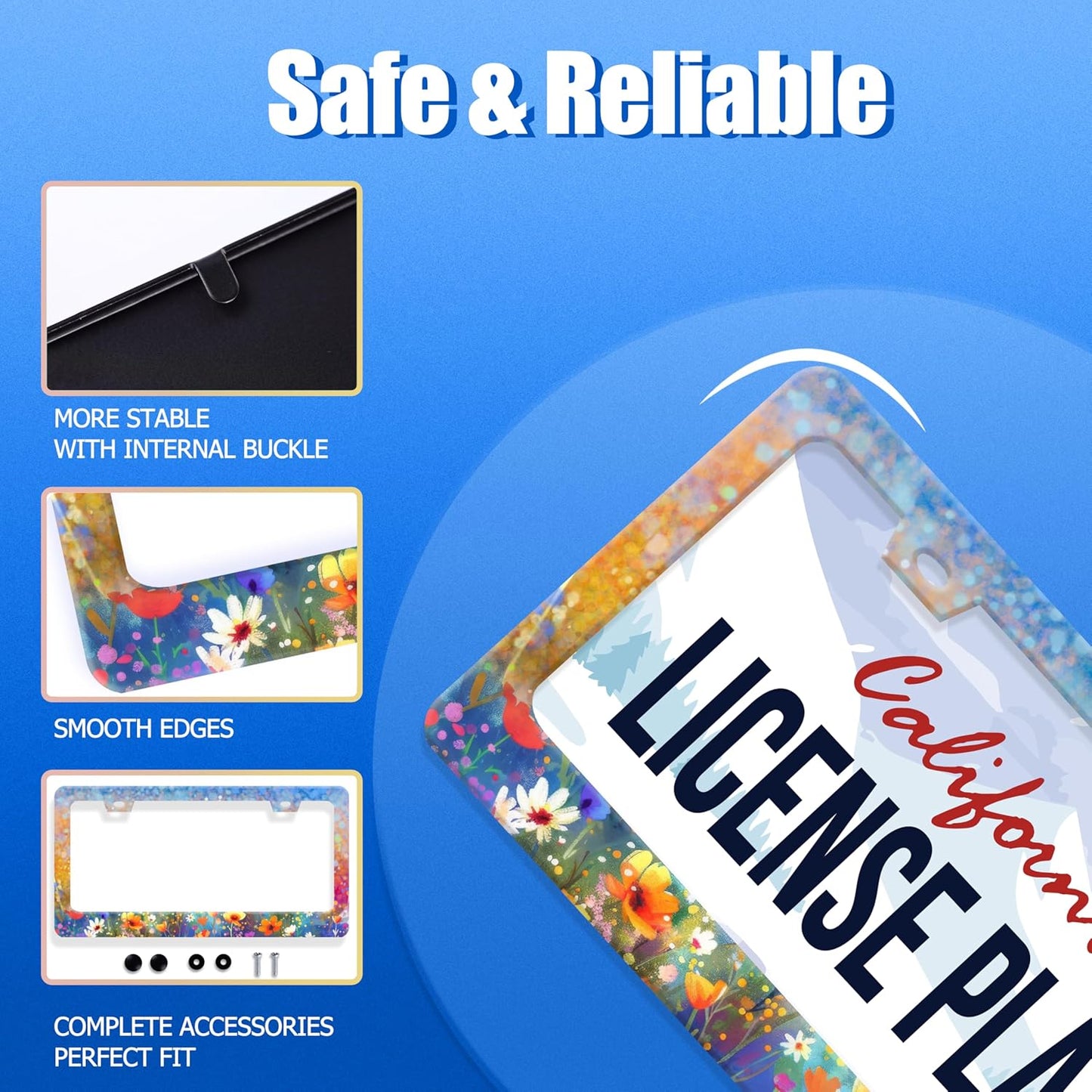 Abstract Floral License Plate Frame Watercolor Flowers License Plate Stainless Steel Funny License Plate Holder for Women Colorful Car Accessories Decoration 12.3" x 6.3"